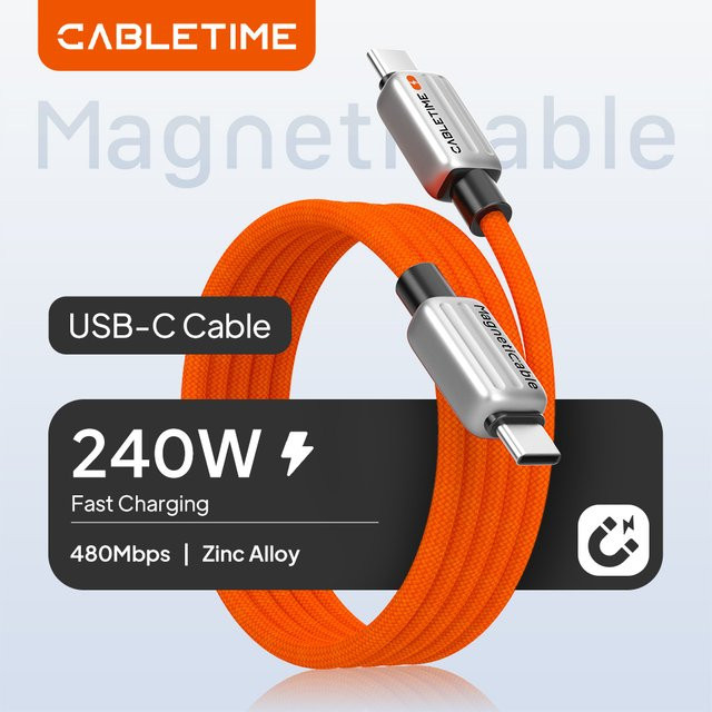 CABLETIME Magnetisches USB-C-Kabel mit 240W Schnellladefunktion in Schwarz und Orange für MacBook, Laptop und Smartphone - Bild 1