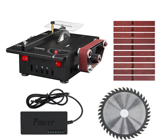 Mini-Tischsäge und Bandschleifer mit variabler Geschwindigkeit in Schwarz, 200 W mit Verlängerungsstange, Spannzange und Schleif- sowie Schnitzbohrset - Bild 1