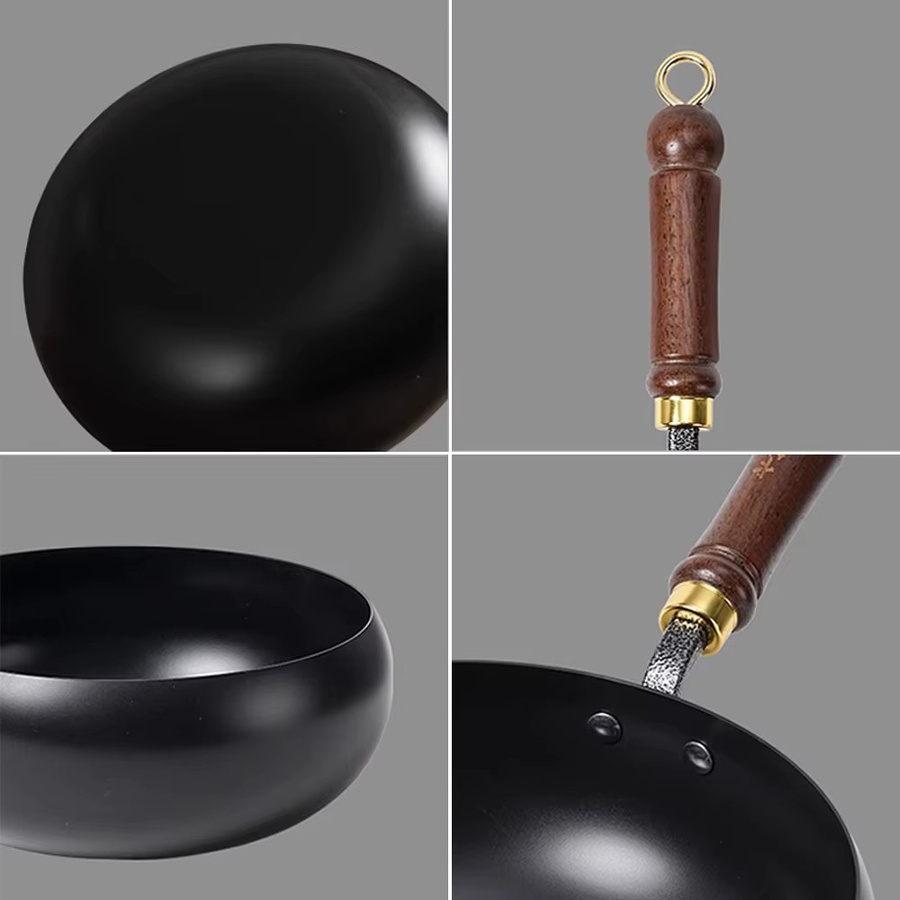 ELOOLE Unbeschichteter Wok aus Carbonstahl mit Glasdeckel, Schwarz, Durchmesser: 24 cm - Bild 4