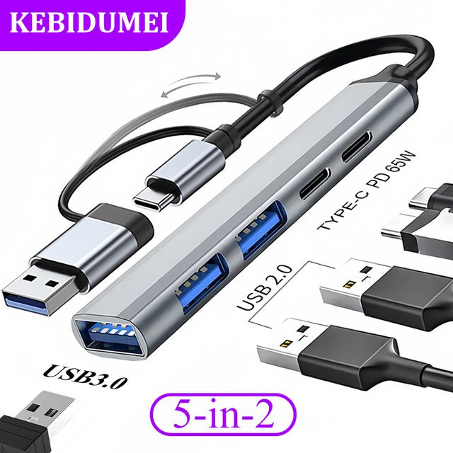 Kebidumei 5-in-1 USB C Dockingstation mit USB 3.0 Hub und 65 W PD Ladung für Laptop und MacBook Pro - Bild 1