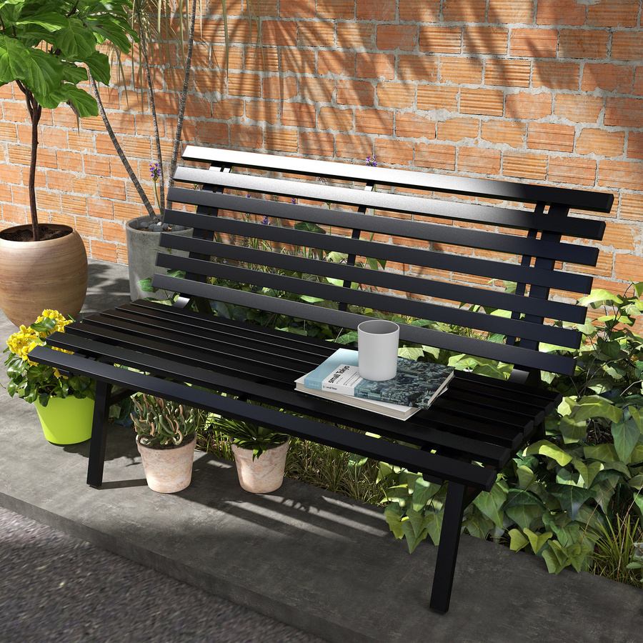Outsunny 2-Sitzer Gartenbank aus Aluminium mit Lamellen-Design in Schwarz, wetterfest und UV-beständig, B/T/H: 123 x 67 x 79 cm - Bild 2
