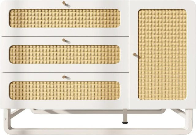 Merax Kommode in Weiß mit Rattan-Design und Goldgriffen, B/T/H: 120 x 40 x 85 cm - Bild 1