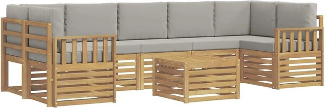 vidaXL Outdoor-Sofagarnitur 8-teilig in L-Form aus Akazienholz mit Polstern in Weiß und Hellgrau - Bild 1