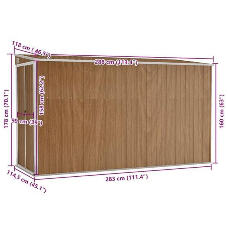 vidaXL Wand-Geräteschuppen aus verzinktem Stahl, Braun, B: 118 cm, H: 178 cm, T: 288 cm - Bild 2