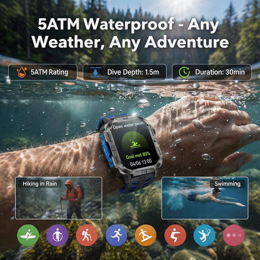 GUHUAVMI Smartwatch, GPS, 2,01 Zoll AMOLED, Schwarz, Silikon, Herren - Bild 3