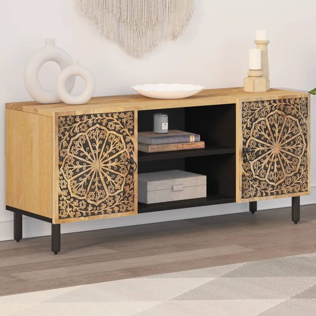 vidaXL TV-Schrank aus massivem Mangoholz im Retro-Stil mit Blumenmuster, Braun, B/T/H: 105 x 33 x 46 cm - Bild 3