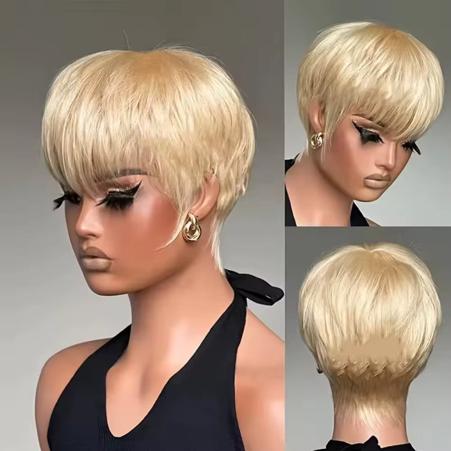 OYM HAIR Blonde Pixie-Cut-Perücke mit Pony, brasilianisches Remy-Echthaar, glatt, geschichtet, Damen - Bild 4