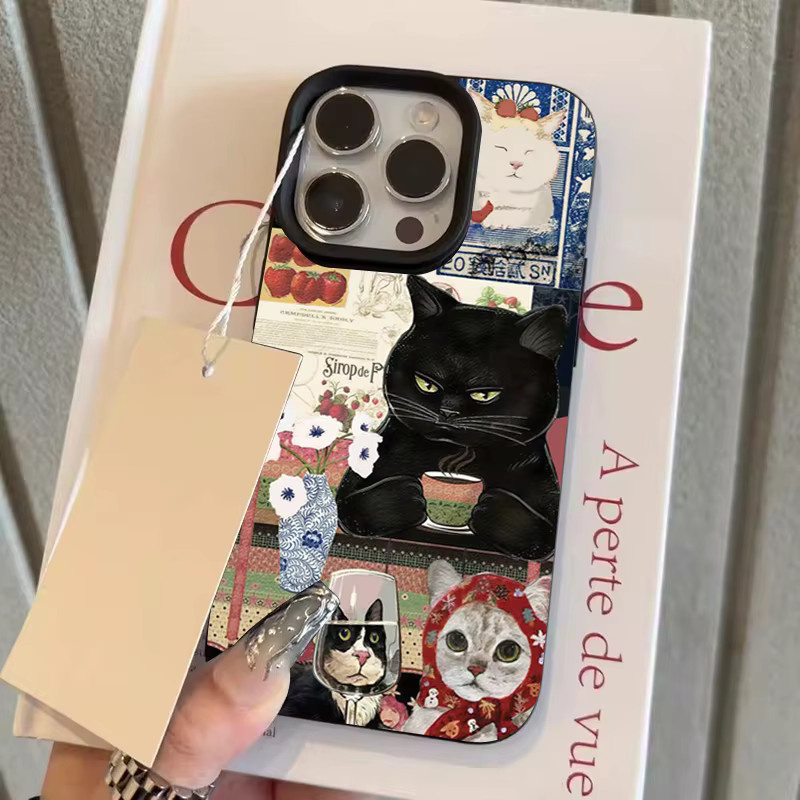 Stoßfeste Handyhülle mit schwarzer Katze und Lychee-Muster für Apple iPhone 11 bis 17 Pro Max und weitere Modelle, Schwarz/Mehrfarbig - Bild 4