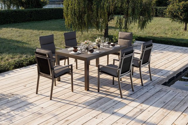 OUTFLEXX Premium Garten-Essgruppe aus Aluminium und Spraystone in Anthrazit Matt/Schwarz mit ausziehbarem Tisch und 6 Stapelsesseln inklusive Auflagen, Tisch B: 160-260 cm, T: 100 cm - Bild 1
