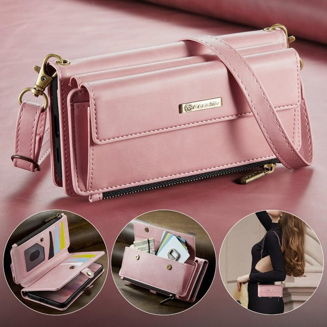 Lederhülle Crossbody Brieftasche für Samsung Galaxy S26 Ultra und S26 Plus Pro in Pink mit 9 Kartenfächern und RFID-Schutz - Bild 1