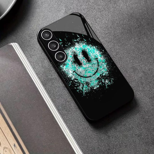 Stoßfeste Glas Handyhülle mit lachendem Emoji in Hellblau für Samsung Galaxy S26 S25 S24 S23 S22 S21 FE Ultra Plus - Bild 1