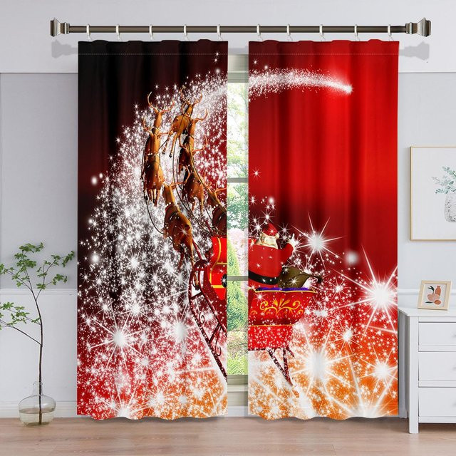 2er-Set Weihnachtsfenstervorhänge mit silbernem Schneeflocken- und Weihnachtsbaum-Muster, halbtransparent, Farbe Silber und Rot, Breite: 60 cm, Höhe: 100 cm - Bild 1