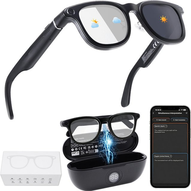 Hganus KI Smart Glasses mit Kamera und 3600 mAh Akku, Intelligente Übersetzung, Foto- und Videoaufnahme, Sonnenbrille in Schwarz, Kompatibel mit ChatGPT, App, WiFi 4 und Bluetooth 5.3 - Bild 1