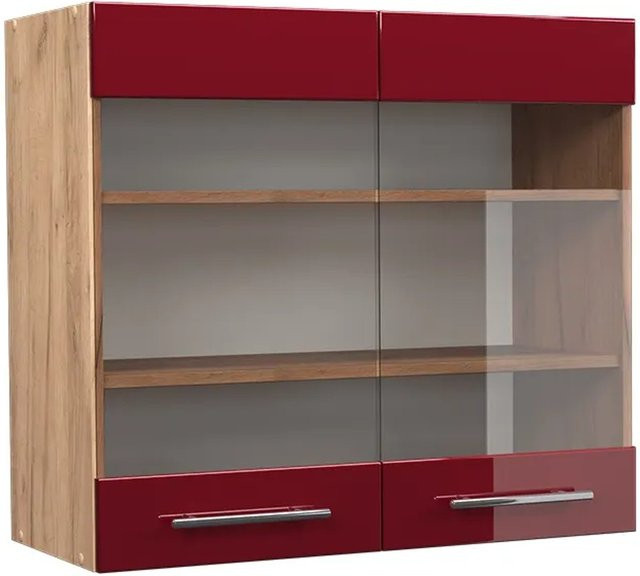 Vicco Hängeglasschrank Fame-Line Küchenschrank in Eiche Rot Bordeaux Hochglanz mit Softclose-Scharnieren und Glasfront, Breite: 80 cm - Bild 2