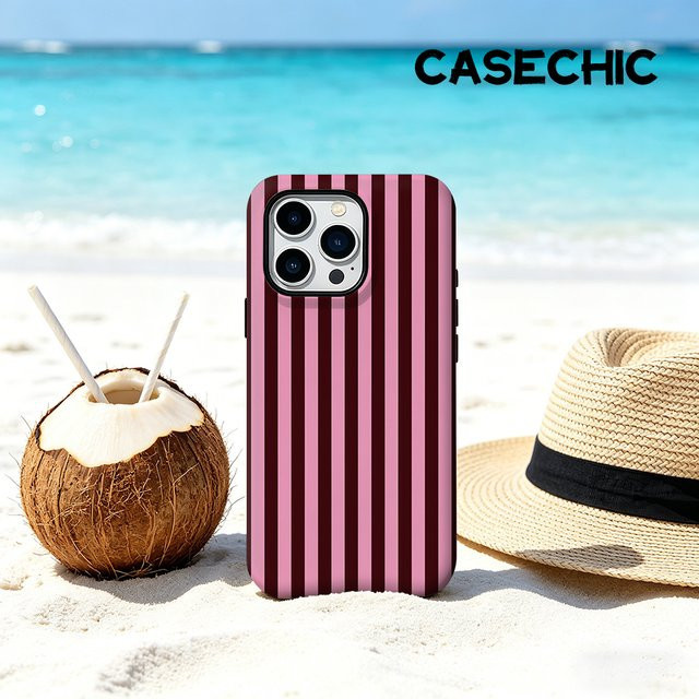 CaseChic MagSafe Schutzhülle mit vertikalen Streifen für iPhone 17 16 15 14 Plus Pro Max, matte Stoßfeste Hartschale, Pink und Burgunderrot - Bild 1
