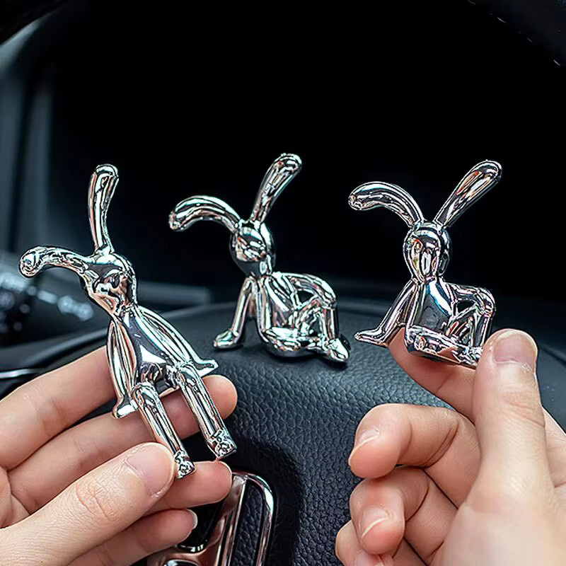 Set aus 2 dekorativen Kaninchen-Statuen im Cartoon-Stil, silberfarbene Tischdekoration für Wohnzimmer, Schlafzimmer oder Auto - Bild 6