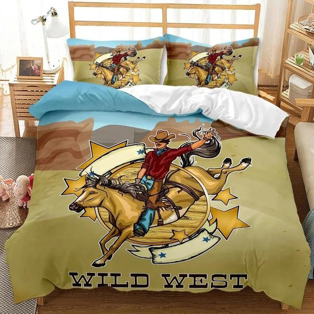 Bettwäsche Set mit Cowboy Sonnenuntergang Landschaft für Kinder und Erwachsene, 3-teilig, B/H: 135 x 200 cm - Bild 1