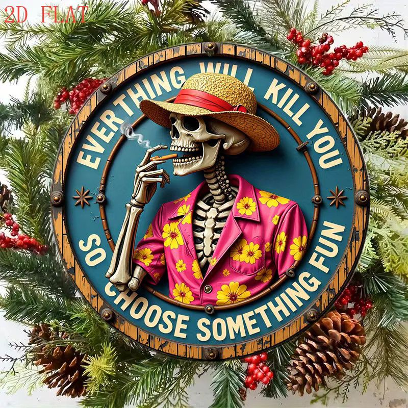 Rundes Aluminium-Wandschild von CIFBUY im Hawaii-Stil mit Skelett- und Blumenmotiv, Farbe: Mehrfarbig, Durchmesser: 20,32 cm - Bild 5