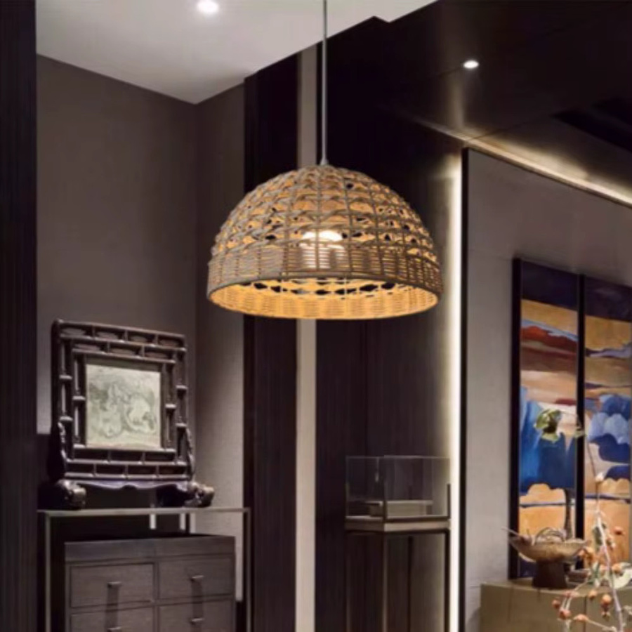 JOYINLED Rattan Pendelleuchte in Schwarz mit rundem Schirm, Boho Design für Wohnzimmer und Schlafzimmer, Durchmesser: 28 cm, Fassung E27 - Bild 2
