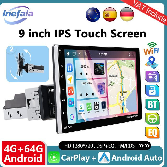 Podofo 9 Zoll Universal Android 15.0 Autoradio mit Wireless Carplay, Android Auto, WIFI, Bluetooth, DAB+ und Rückfahrkamera in Schwarz - Bild 1