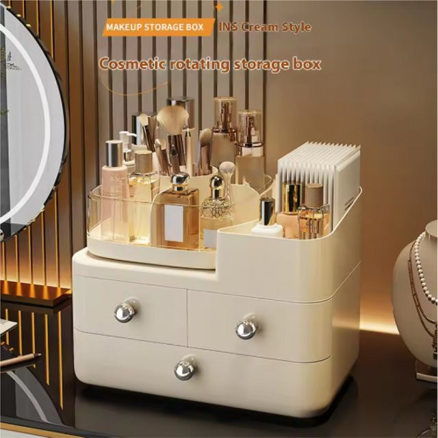Drehbare Kosmetik-Aufbewahrungsbox von TLXT in Beige und Weiß für Schreibtisch und Schminktisch - Bild 1