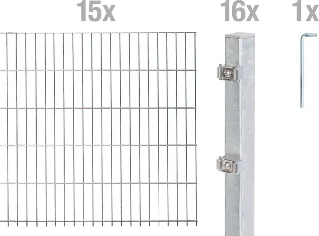 Metallzaun Grund-Set Doppelstabmatte aus Stahl, feuerverzinkt, Farbe: Silber, Höhe: 0,8 m, Breite: 2 m, Tiefe: 0,8 m - Bild 1