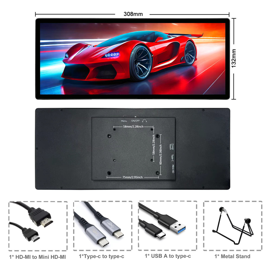 Wisecoco 12,3 Zoll Mini-Touchscreen-Display mit gestreckter Bar, IPS-LCD-Monitor in Schwarz, Auflösung 1920 x 720, HDMI und USB-C Anschluss für PC und Laptop - Bild 5