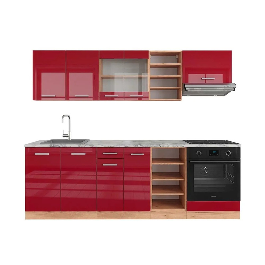 Vicco R-Line Küchenzeile Bordeaux Hochglanz und Goldkraft Eiche mit Marmor-Optik, Breite: 240 cm - Bild 2