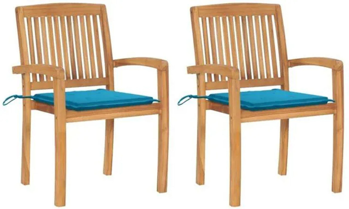 vidaxl Gartenstühle aus Massivholz Teak mit blauen Kissen im Vintage-Design, 2er-Set - Bild 1