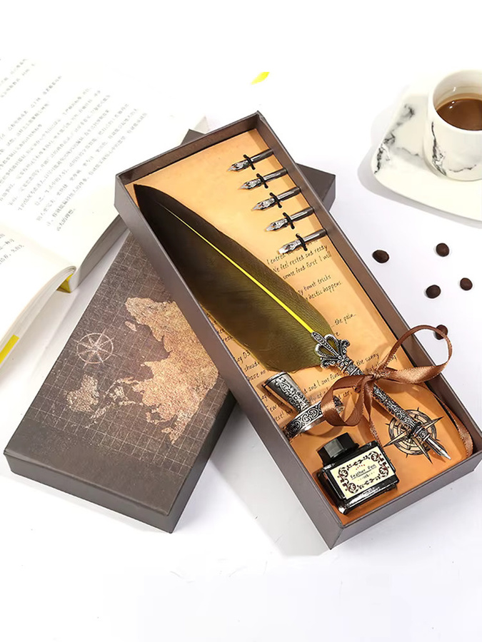 Retro-Kalligrafie Feder-Dip-Pen Set mit Schreibtinte in Flasche und Metall-Elementen in Lila - Bild 4