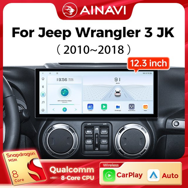 Ainavi 12,3 Zoll Multimedia Player für Jeep Wrangler JK mit kabellosem CarPlay und Android Auto, Schwarz - Bild 1