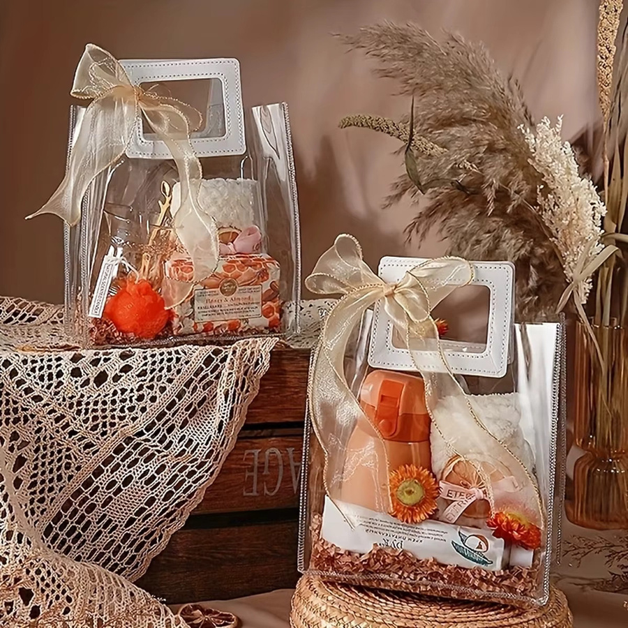 Transparente quadratische Geschenktüte mit Blumen-Design und weißem Griff für Frauen - Bild 3