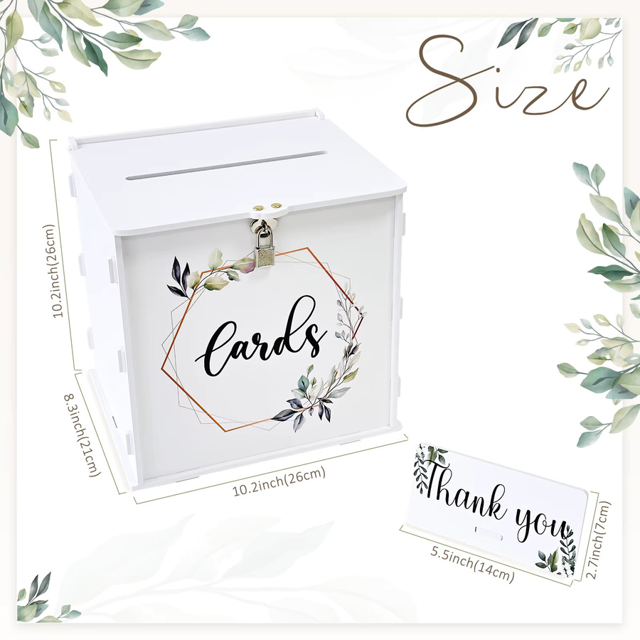 Weiße Hochzeitskartenbox aus PVC mit Schloss und Eukalyptus-Design für Geldkarten und Geschenke - Bild 2