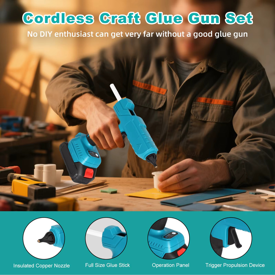 WUIETI Kabellose Heißklebepistole 100W in Blau, kompatibel mit Makita 18V Akku, für 11mm Klebesticks, tragbares DIY-Werkzeug - Bild 4