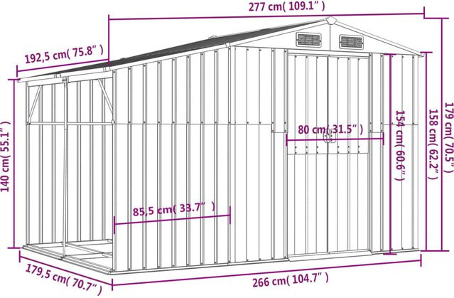 vidaXL Gartenhaus aus verzinktem Stahl in Anthrazit mit Schrägdach, B/H/T: 277 x 179 x 192,5 cm - Bild 3