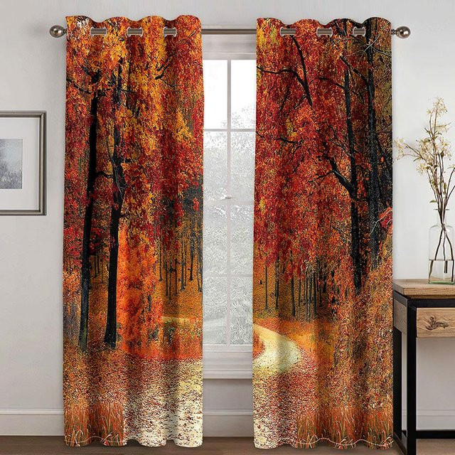 Dekorative 3D Herbstwald Vorhänge mit gelber Waldlandschaft, 2er-Set aus Polyester, semi-transparent, Farbe: Gelb/Mehrfarbig, B: 110 cm, H: 214 cm - Bild 1
