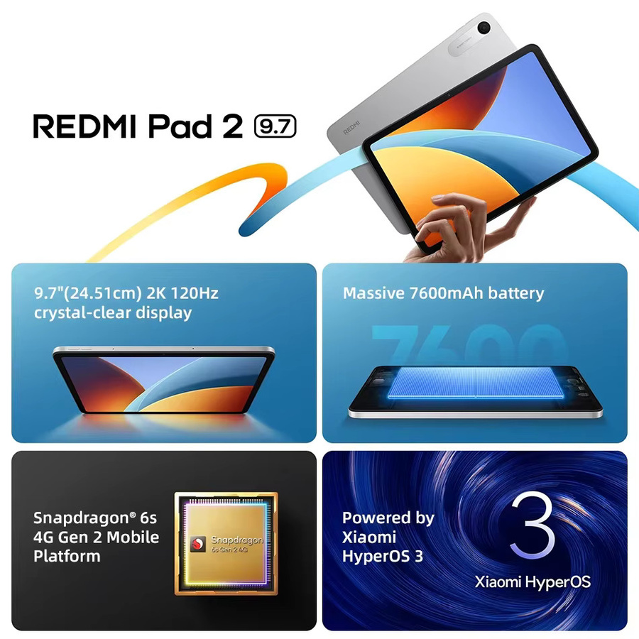 Xiaomi Redmi Pad 2 Tablet mit 9,7 Zoll 2K 120Hz Display, Snapdragon 6s Gen 2, WiFi und 7600mAh Akku, Grau - Bild 2