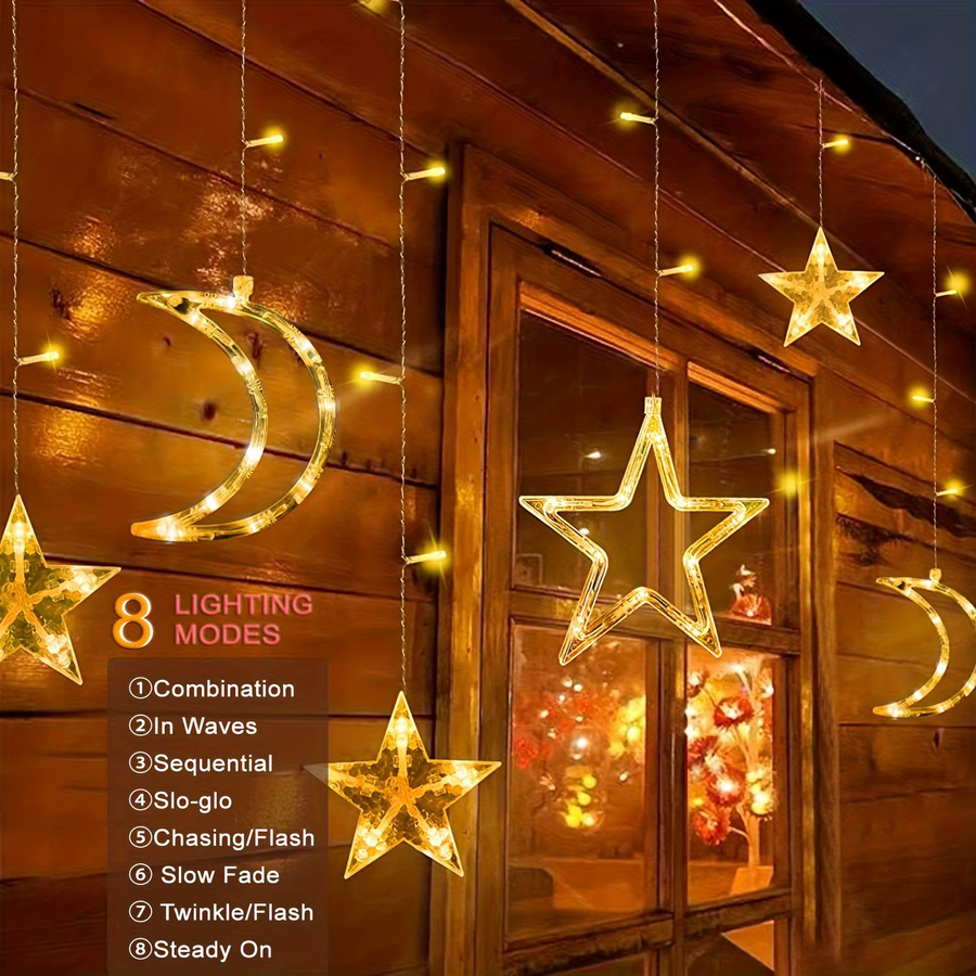 Solar Stern und Mond Vorhang Lichterkette in Warmweiß mit 8 Modi für Dekoration bei Weihnachten, Partys oder Festen - Bild 2