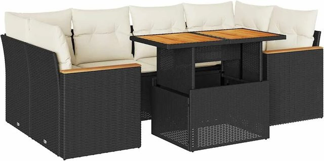 vidaXL 6-teilige Garten-Sofagarnitur aus Poly-Rattan und Akazienholz in Schwarz-Creme mit UV-beständigen Kissen - Bild 1
