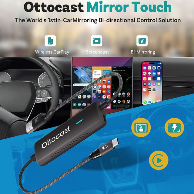 Ottocast Mirror Touch Wireless CarPlay Adapter Black – Bidirektionaler Dongle mit Mirroring für iOS und Android kompatibel mit Audi und Benz - Bild 1