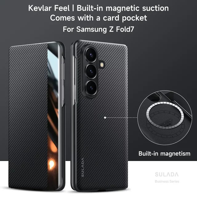 MagSafe Schutzhülle mit Carbonfaser-Muster und Sichtfenster aus Leder für Samsung Galaxy Z Fold 8 Ultra, Fold 8, Fold 7 und Fold 6 in Schwarz oder Blau - Bild 1