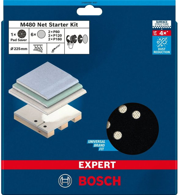 Bosch Expert Schleifnetz-Set M480 für Trockenbauschleifer mit Körnung 80, 120, 180 und Schleiftellerschonern, Durchmesser: 225 mm - Bild 2