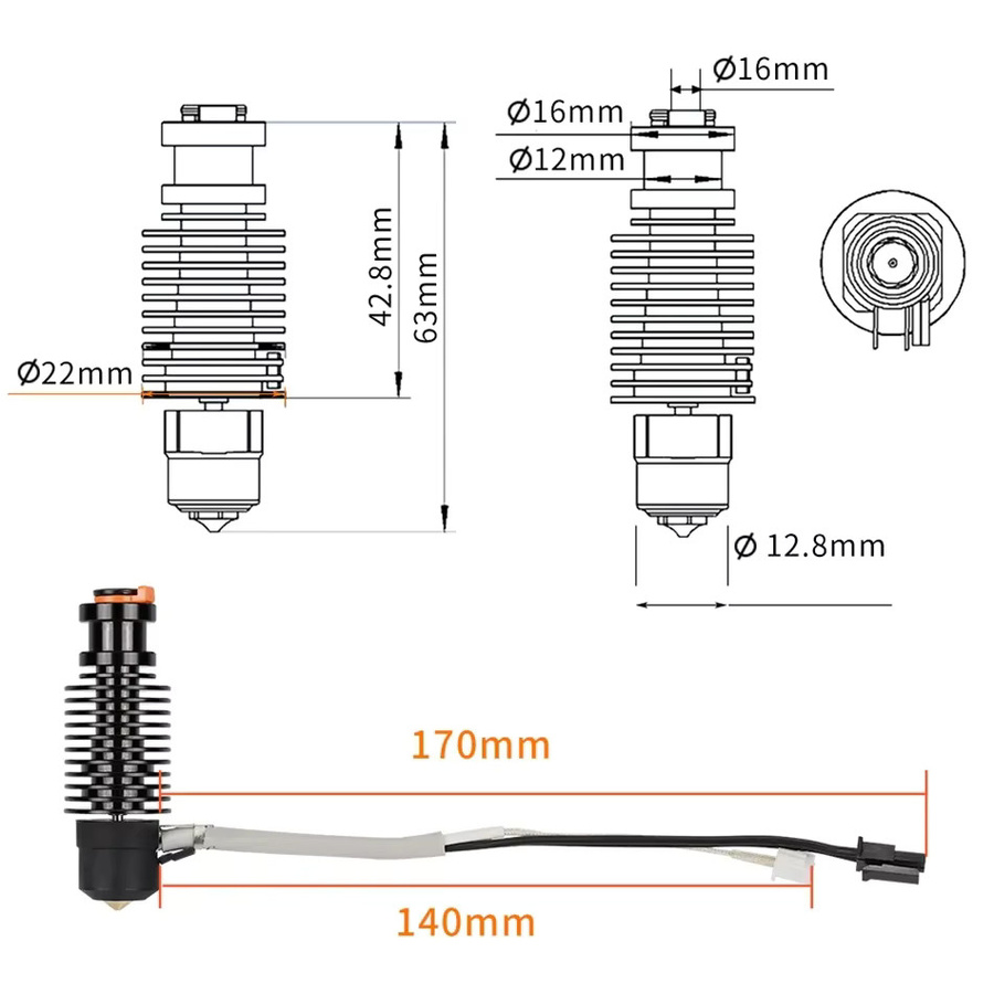 Sirol V6 Hotend Bimetall Throat mit Keramikheizung für 3D Drucker 24V 50W 60W in Gold - Bild 2