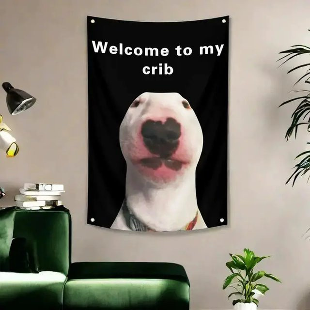 VIKAMA Wandteppich mit lustigem Bullterrier-Meme Welcome to My Crib aus Polyester, Wandbehang in Schwarz, Breite: 60 cm, Höhe: 40 cm - Bild 1
