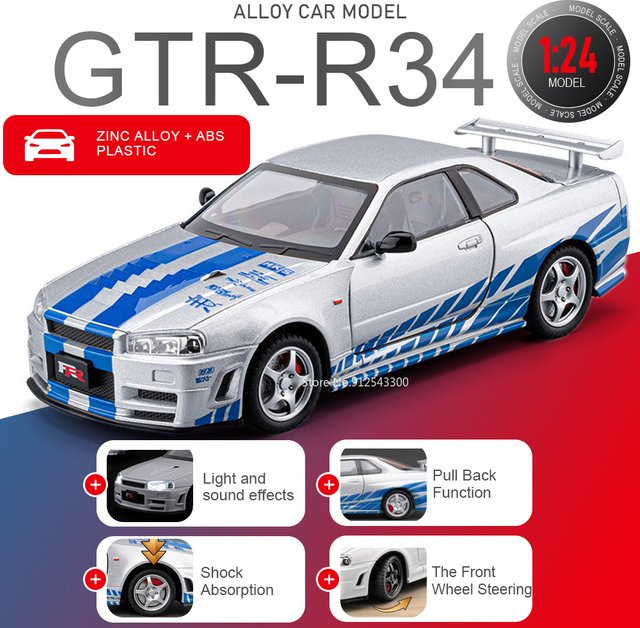 RMZ city GTR-R34 Sportwagen-Modell, 1:24 Maßstab, Metall, mit Sound und Licht - Bild 1