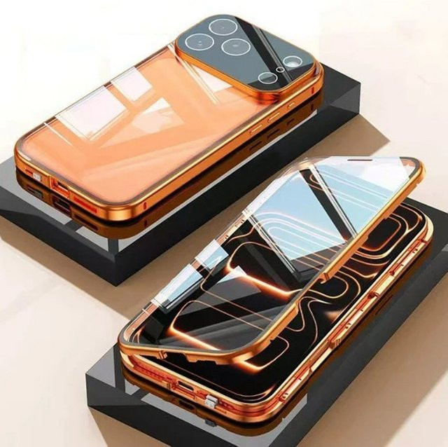VYOPBC Magnetische 360 Grad Schutzhülle mit doppelseitigem Schutzglas und Objektivschutz für iPhone 15 14 13 12 11 Pro Max Plus Mini in Silber - Bild 1