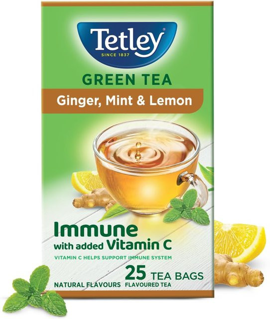 Tetley Grüner Tee, entkoffeiniert, Ingwer, Minze, Zitrone, Teebeutel, 25 Stück - Bild 1