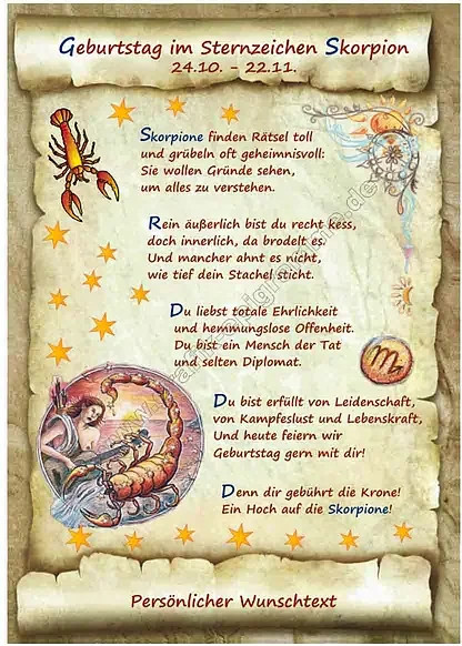 Urkunde zum Geburtstag mit Sternzeichen Skorpion von tantum graphic in Vintage-Optik auf Papier, mehrfarbig und rechteckig - Bild 1
