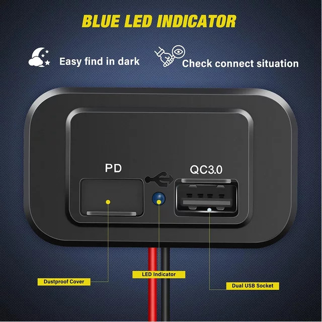 Kebidumei Steckdosenleiste für Automobil und Marine mit Dual-USB, PD-Typ C, QC3.0 und LED-Licht in Schwarz - Bild 1