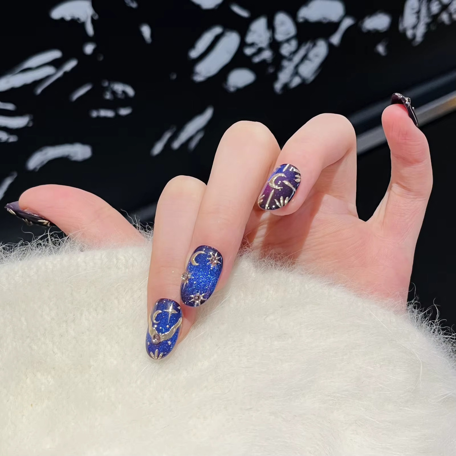 YADORNOS Kunstnägel, Mond-Stern-Stil, tiefblaues Katzenauge, kurz, oval - Bild 2